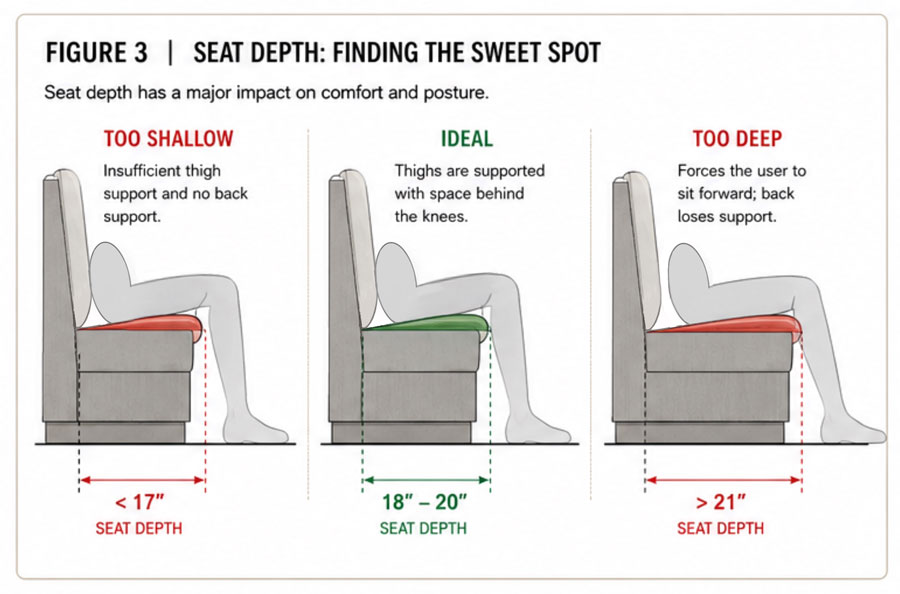 Custom Banquette Seat Depth Diagram Comparing Shallow Ideal And Deep Seating